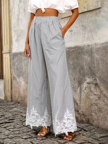 Brillora Women's Striped Wide Leg Palazzo Pants,Black And White Checkered,Summer,Boho,Vacation,Holiday Lace Patchwork Pockets Casual Loose Long Pants - Black - View 1