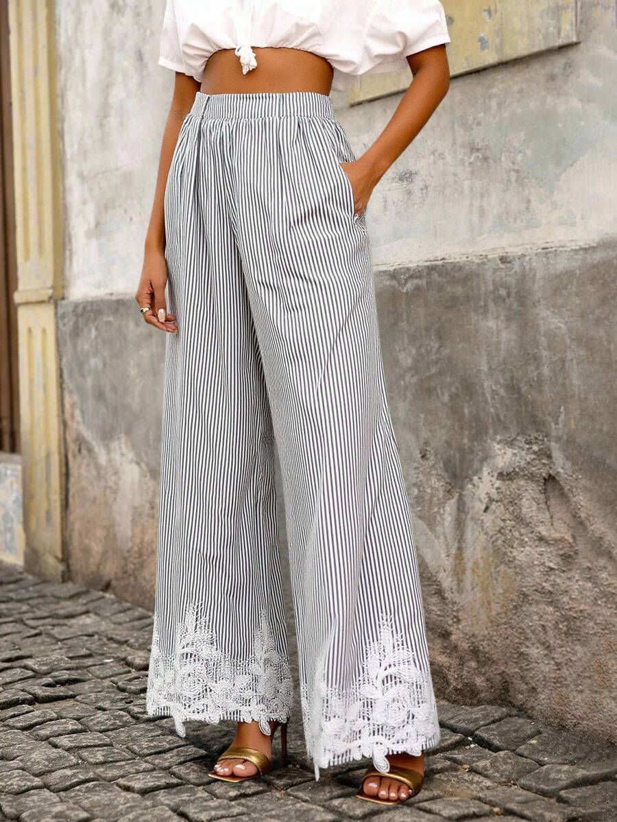 Brillora Women's Striped Wide Leg Palazzo Pants,Black And White Checkered,Summer,Boho,Vacation,Holiday Lace Patchwork Pockets Casual Loose Long Pants - Black - View 1