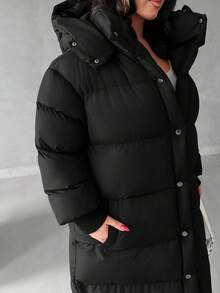 EURMUSE 中长款女士棉衣外套冬季黑色新款过膝加厚宽松保暖大衣 - 黑色 - 查看 7