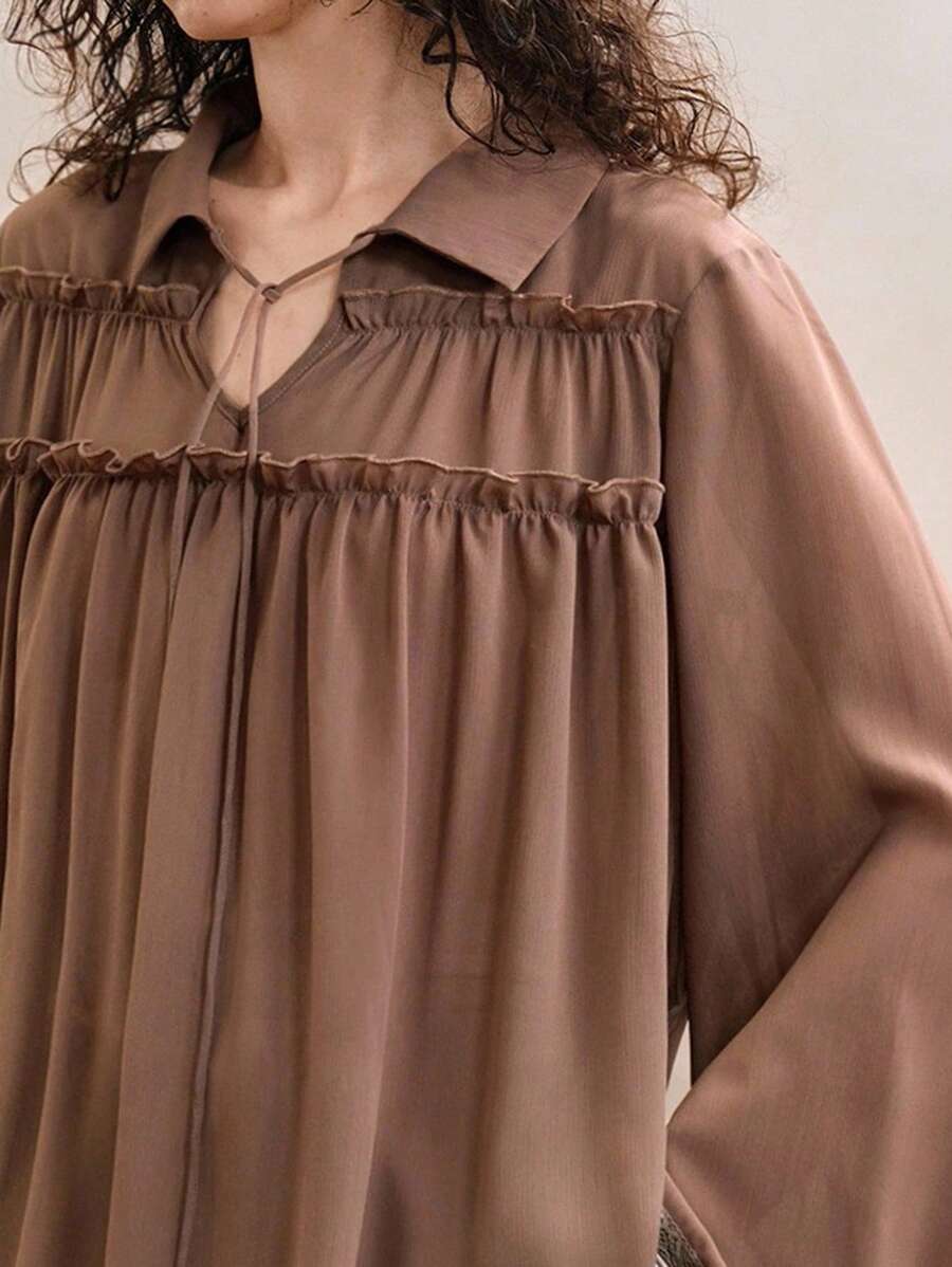 Arave 法式通勤精致POLO领优雅百搭长袖上衣，春夏 - 咖啡棕 - 查看 1