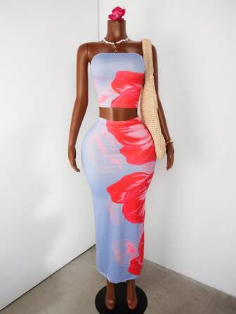 Zolique 2 piezas Conjunto veraniego elegante con parte superior corta bandeau y falda de estampado floral