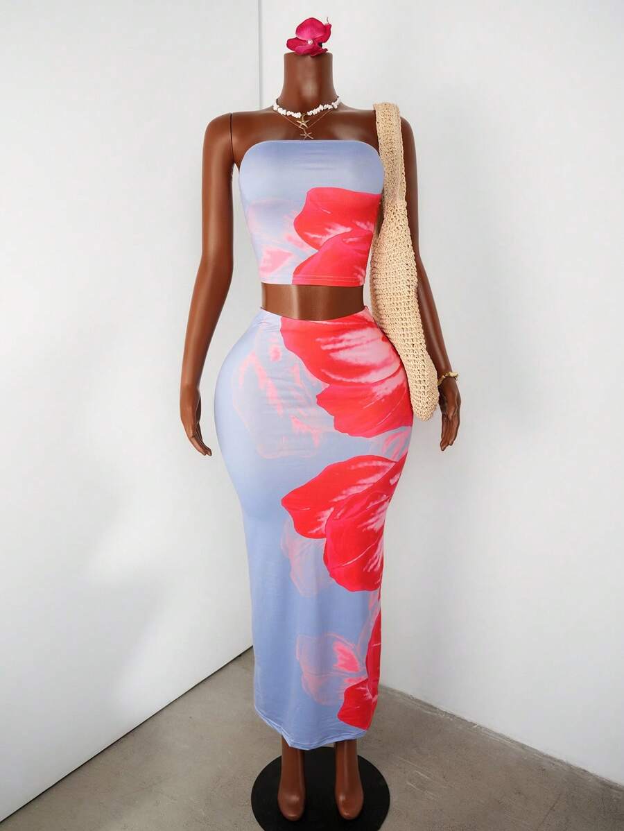 Zolique 2 件套夏季优雅花卉印花抹胸短款上衣和裙子 - 霧霾藍 - 查看 1