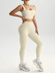 SHEIN Sports 2 件无缝高弹力瑜伽套装运动服健身套装罗纹背心收腹紧身裤健身女套装健身房女装 - 杏色 - 查看 6