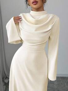 Selianne 女式立领褶皱长袖纯色中长连衣裙女装 - 杏色 - 查看 4