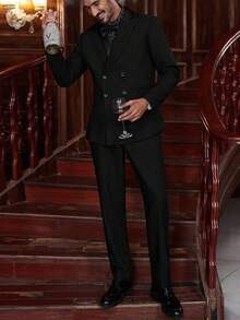 Calvornis Men's Double-Breasted Suit Set (Jacket And Pants) Men Black Suit Set Men Dinner Outfit Men Evening Wear - Black - View 1