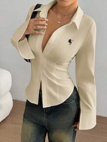 TRNVIE Women's Casual Autumn Knight Embroidery Front Button Waist Fitted Shirt - Light Yellow - View 6