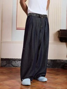 SWAVVY Quần jean denim dài màu xanh dương dáng rộng thoải mái cho nam - Màu xanh lam - Xem 3