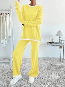 SHEIN LUNE 女士休闲撞色针织毛衣和裤子两件套，秋冬 - 彩色 - 查看 6