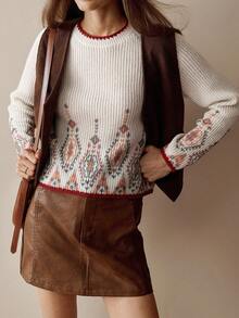 Florisole Áo len dệt kim cổ tròn tay raglan phối màu cổ điển - trắng - Xem 5