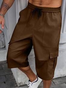 Manfinity Homme 纯色休闲抽绳男式加大码七分裤 - 棕色 - 查看 1