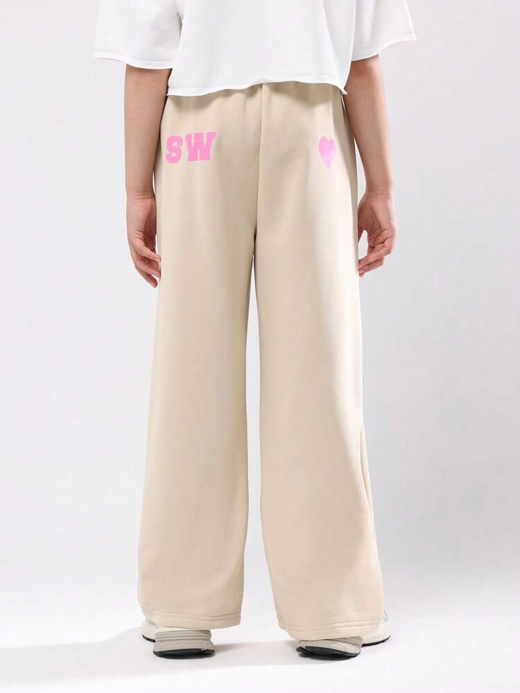Pantalon de survêtement en polaire à jambes larges avec imprimé lettre rose