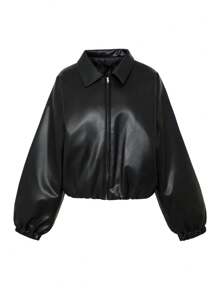 Livesso PU Leather Collar Lantern Sleeve Thickened Women Jacket, Suitable For Halloween, Autumn/Winter - Black - View 8
