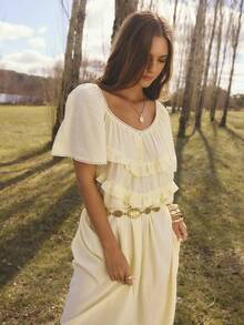 Aralina Đầm Maxi Tay Ngắn Cổ Chữ V Phối Ren Phong Cách Kỳ Nghỉ Cho Nữ - Màu be - Xem 3