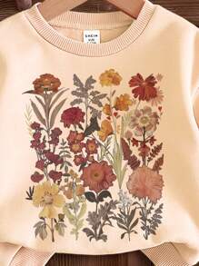 SHEIN 压花运动衫、波西米亚风野花、复古、植物运动衫、复古植物运动衫、柔和花卉自然运动衫、花园爱好者礼物、年轻女孩休闲简约宽松圆领日常舒适厚针织运动衫，适合秋冬季