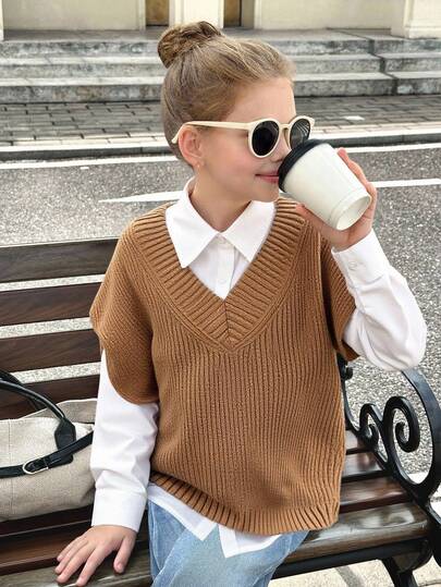 SHEIN Serisse Kids Tween 女童宽松纯色 V 领中长款针织毛衣背心