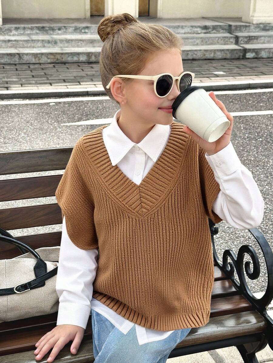 SHEIN Tween Girls Loose Fit Solid Color V-Neck Mid-Length Knit Sweater Vest,In Fall/Winter - Khaki - View 1