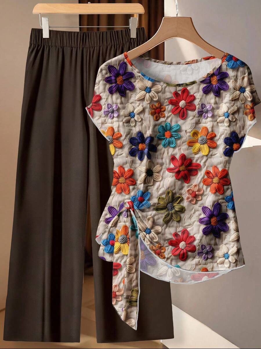 EMERY ROSE Conjunto de dos piezas de blusa de mangas de murciélago con estampado floral vintage y pantalones sólidos caqui para el Día del Maestro, Día de Regreso a Clases, Madre de la Novia, Elegante Atuendo para Eventos y Fiestas de Señoras, Talla Grande