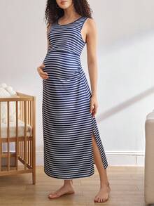 BloomMama Maternity Backless Long Dress - Blue and White - View 4