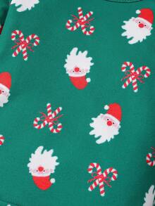 适合幼儿男孩的舒适睡衣套装，长袖上衣和裤子，圣诞主题棒棒糖和蝴蝶结印花，日常家居服 - 綠色 - 查看 4
