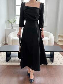 DAZY 女士方领中长连衣裙 - 黑色 - 查看 5