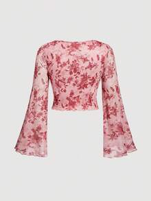 SHEIN MOD 大码女式花卉印花扭纹前开襟喇叭袖上衣和鱼尾裙优雅套装 - 粉色 - 查看 8