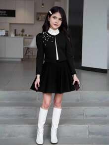 Sparklyn Tween 女童纹理针织面料甜美泡泡袖圆领珍珠缀饰优雅短款长袖夹克