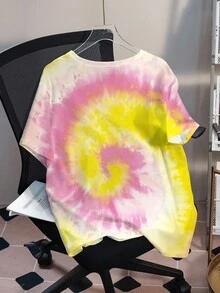 SpongeBob SquarePants | SHEIN 大码女式夏季休闲日常度假趣味可爱卡通扎染印花宽松落肩T恤 - 白色 - 查看 2