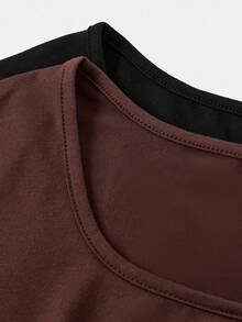 SHEIN Girlism Bộ 2 bộ đồ liền thân màu đen và nâu cổ vuông tay dài màu trơn có nút bấm phía trước cho bé gái tuổi teen, mua 1 tặng 1 - Nhiều màu - Xem 3