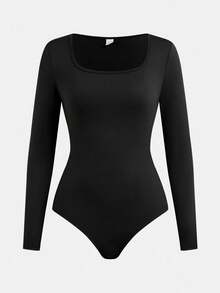 SHEIN Girlism Bộ 2 bộ đồ liền thân màu đen và nâu cổ vuông tay dài màu trơn có nút bấm phía trước cho bé gái tuổi teen, mua 1 tặng 1 - Nhiều màu - Xem 6