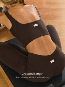 GLOWMODE FeatherFit™ Ribbed Flex Soft Square Neck Sports Bra Low Impact Yoga Pilates Studio Daily Casual Wear Removable Cups Fall Winter - Chocolate Brown - View 3