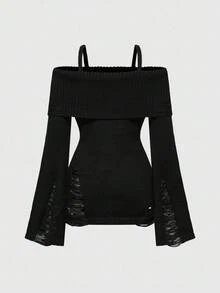 ROMWE Goth 万圣节朋克撕破设计 Ankh 十字绣收腰露肩吊带背心毛衣 - 黑色 - 查看 2