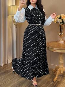 Auvina Váy dài tay cổ bẻ chấm bi thường ngày dành cho nữ - Đen và trắng - Xem 6