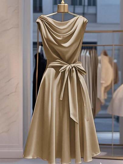 Franclia Women's Elegant Solid Color Waist Cinched Dress