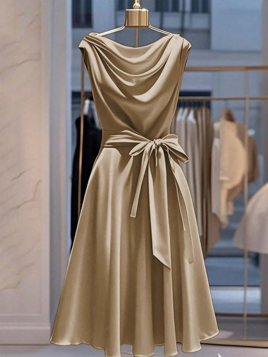 Franclia Women's Elegant Solid Color Waist Cinched Dress - Khaki - View 1