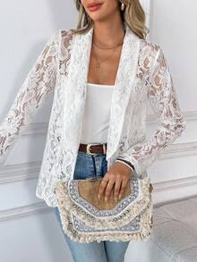 EMERY ROSE Ladies' Lace Loose Jacket With Shawl Collar And Half Curve Hem For Holiday Party Clothes - White - View 4