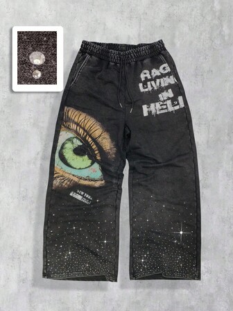 Street Life Pantalones casuales sueltos de pierna ancha con cordón en la cintura, estampado de eslogan y ojo con strass, para hombre, otoño
