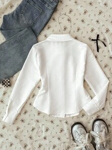 青少年女孩白色修身弧形下摆图案衬衫、条纹衬衫、学院风衬衫、白衬衫、百搭百搭衬衫、青少年衬衫，适合年轻女孩 - 白色 - 查看 9