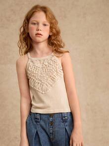 女童夏季编织饰边露背短款上衣，适合度假/海滩、假日、夏季、旅行 - 杏色 - 查看 3