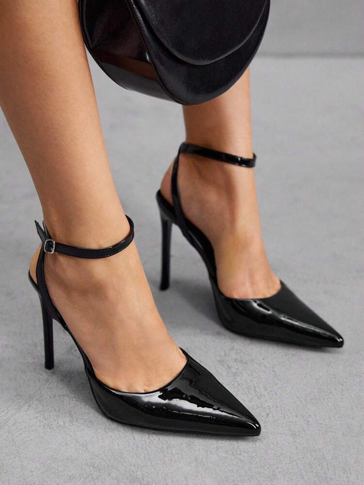 CUCCOO SZL Women's Black Pointed Toe Stiletto High Heel Sexy Evening Party Ladies High Heel Pumps With Ankle Strap For Christmas Spring Shoes