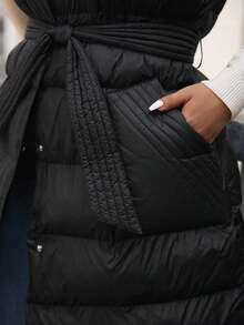 Vionelle 加大码女式连帽大口袋背心夹克长款秋冬时尚保暖外套配腰带冬季秋季羽绒背心 - 黑色 - 查看 7