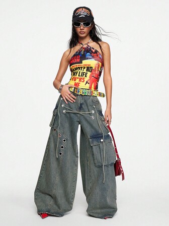 Grunge Punk Damen Y2K Retro Sexy Poster Muster Camisole