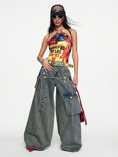 Grunge Punk قميص كامي بياقة حلقية مطبوع بطباعة ملصق رجعي جذاب للنساء من طراز Y2K