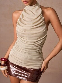 Lumalex 秋冬派对晚宴宴会低调奢华闪耀节日派对狂欢节郊游度假热门户外丰富层次婚礼季宴会成人礼脱衣高领露背水钻闪亮女式上衣奢华舞会身份证件宰牲节派对新年 - 卡其色 - 查看 5