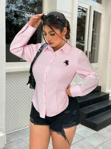 SHEIN EZwear 大码女式骑士印花长袖单排扣休闲衬衫，适合夏季、秋季和冬季 - 粉色 - 查看 5