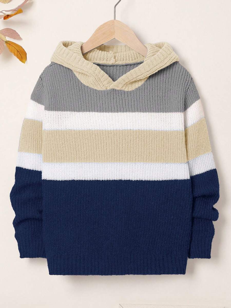 SHEIN Tween Boy Oversized Striped Hooded Pullover Sweater, In Fall/Winter - Navy Blue - View 1