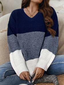 SHEIN LUNE 秋冬大码拼色V领休闲套头衫 - 藏蓝色 - 查看 3