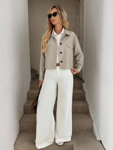 Easowa 女士休闲宽松翻领单排扣夹克，带口袋，双色花卉图案，适合秋冬通勤休闲 - 卡其色 - 查看 4