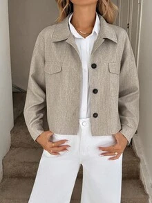 Easowa 女士休闲宽松翻领单排扣夹克，带口袋，双色花卉图案，适合秋冬通勤休闲 - 卡其色 - 查看 7