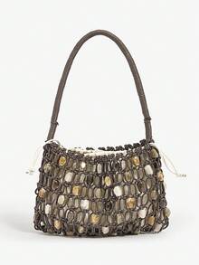 SHEIN SXY 女士、女式单肩包、流浪包、钩针包、亚克力彩色石珠、时尚、优雅、简约、个性化、多功能、适合海滩、度假、节日、夏季、海边、日常、下午茶、海滩派对 - 咖啡 - 查看 1