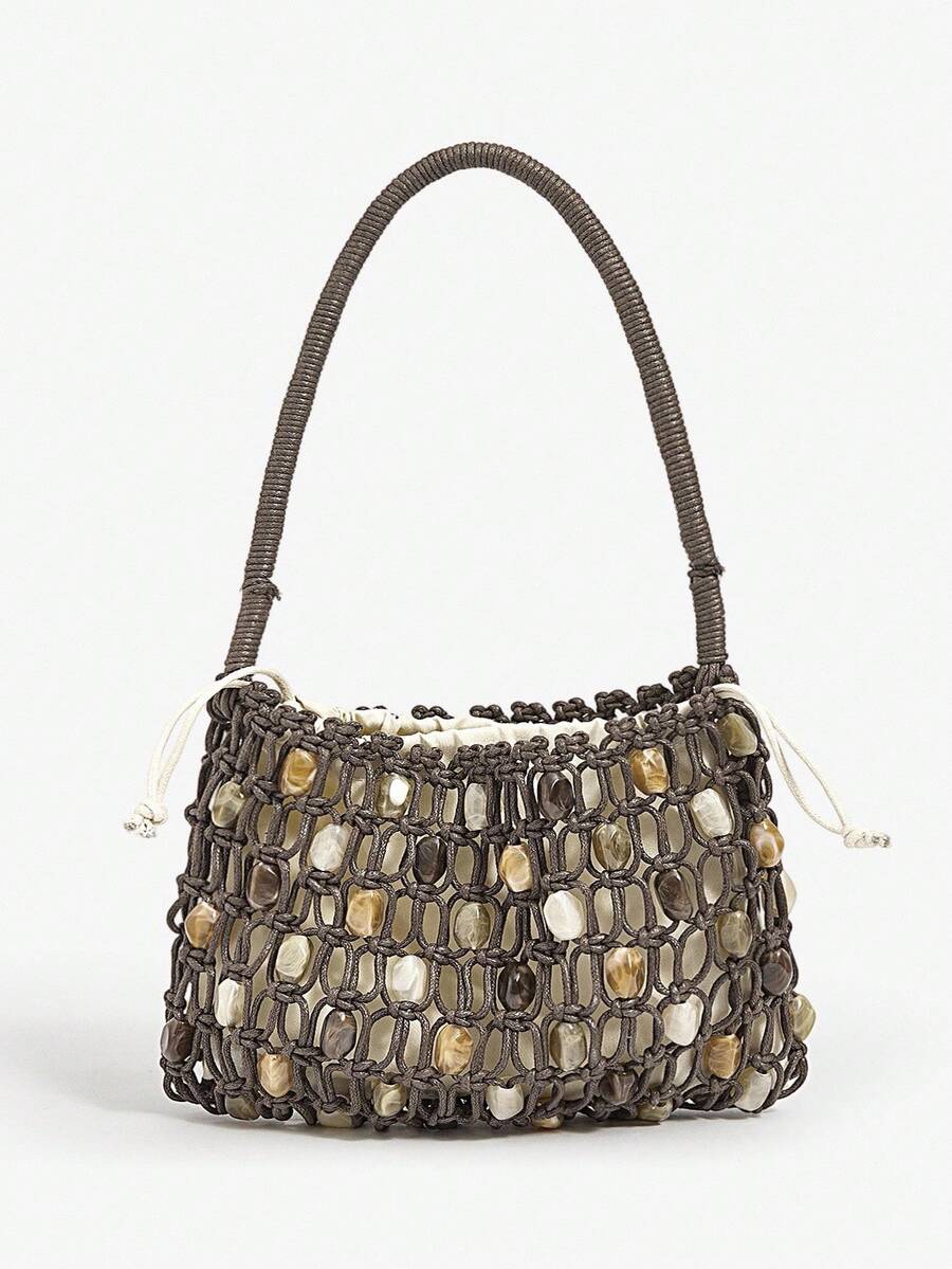 SHEIN SXY 女士、女式单肩包、流浪包、钩针包、亚克力彩色石珠、时尚、优雅、简约、个性化、多功能、适合海滩、度假、节日、夏季、海边、日常、下午茶、海滩派对 - 咖啡 - 查看 1